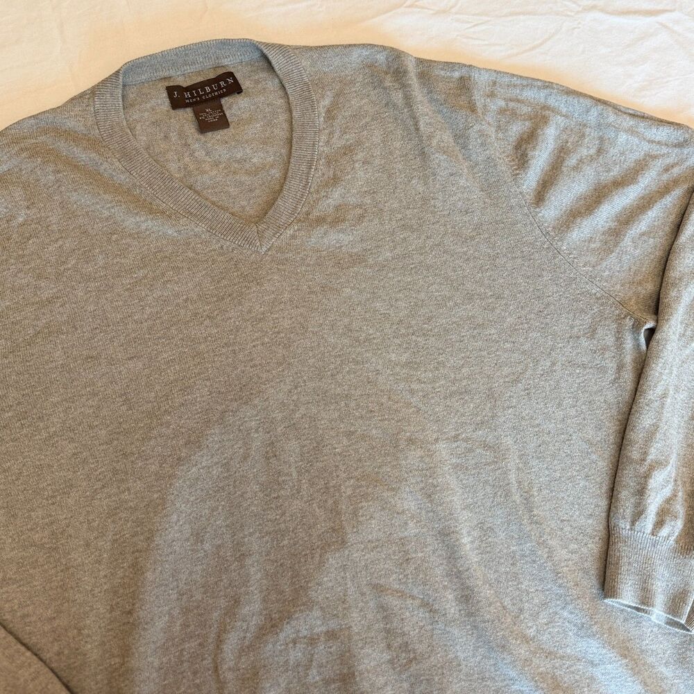 J Hilburn Mens XL Sweater Silk Cashmere Cotton Gray V-Neck Pullover Lightweight